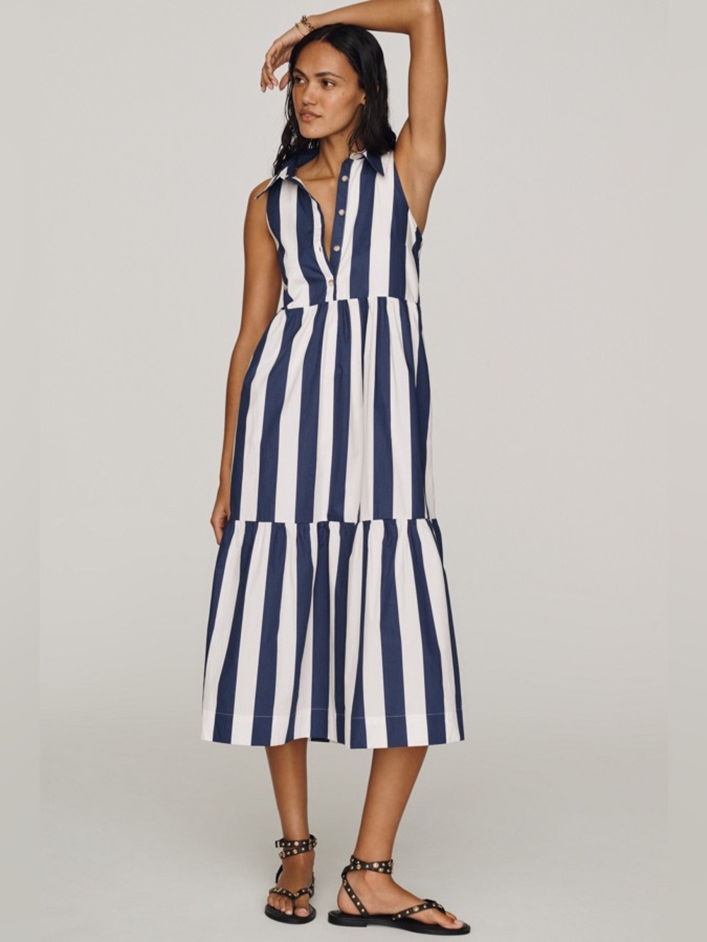 Anthropologie Navy and White Vertical Stripe Sleeveless Midi Dress